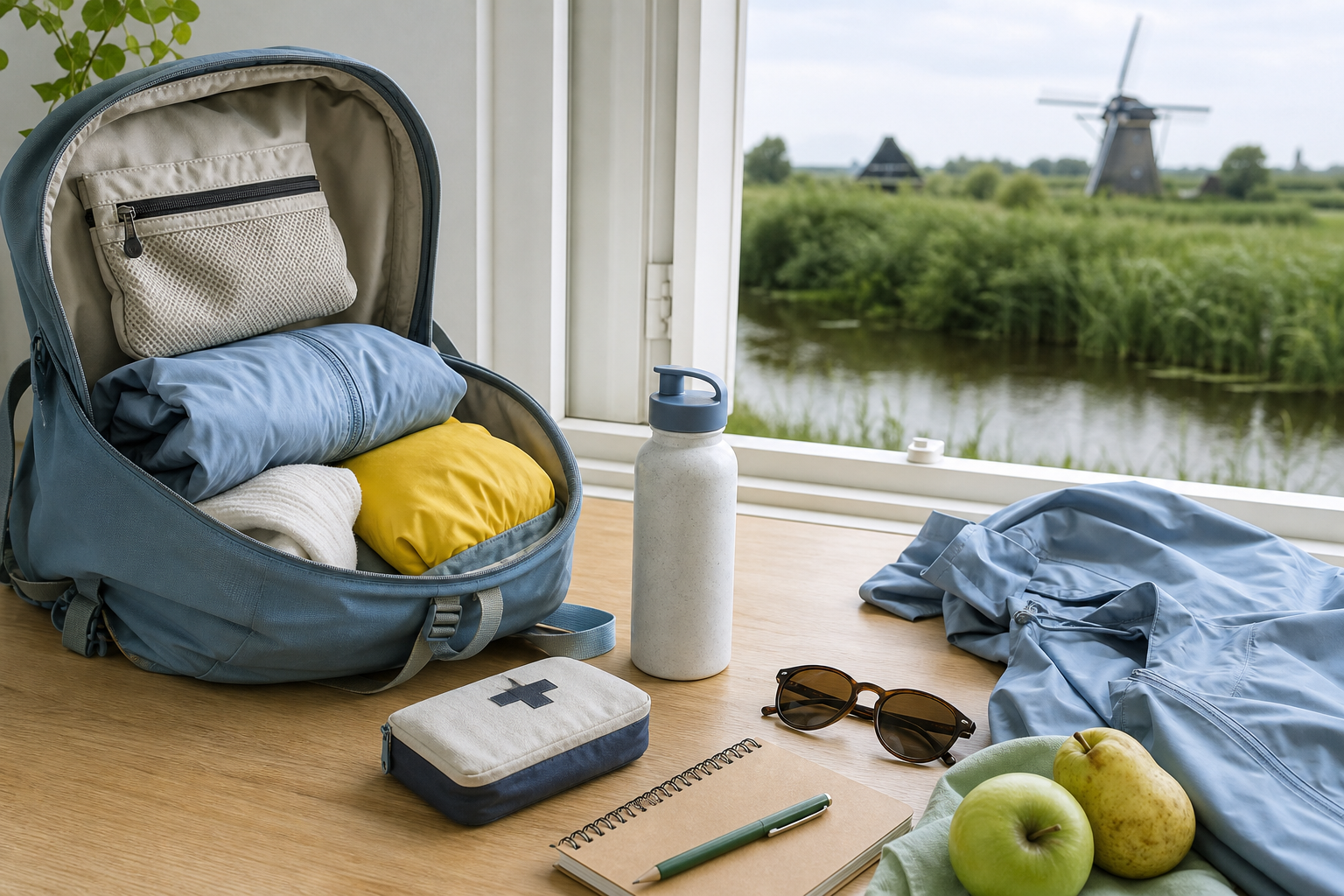Open dagtas met regenkleding, waterfles, fruit en een klein EHBO-etui