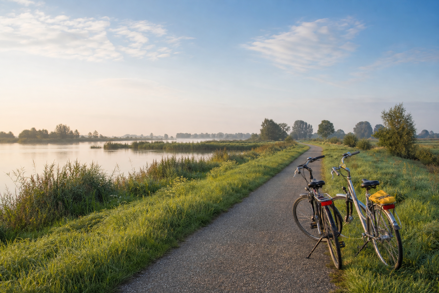 Twee fietsen langs een rustig pad bij Nederlands rivierwater