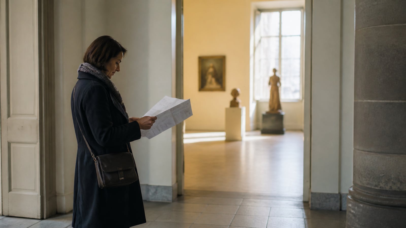 Bezoeker bereidt rustig een museumbezoek voor in een lichte galerie