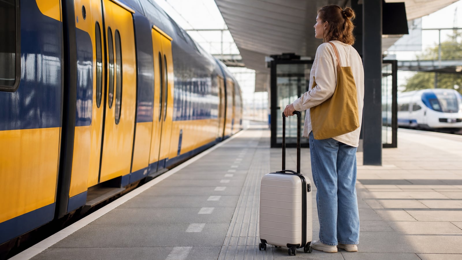 Reiziger wacht ontspannen met koffer naast een trein