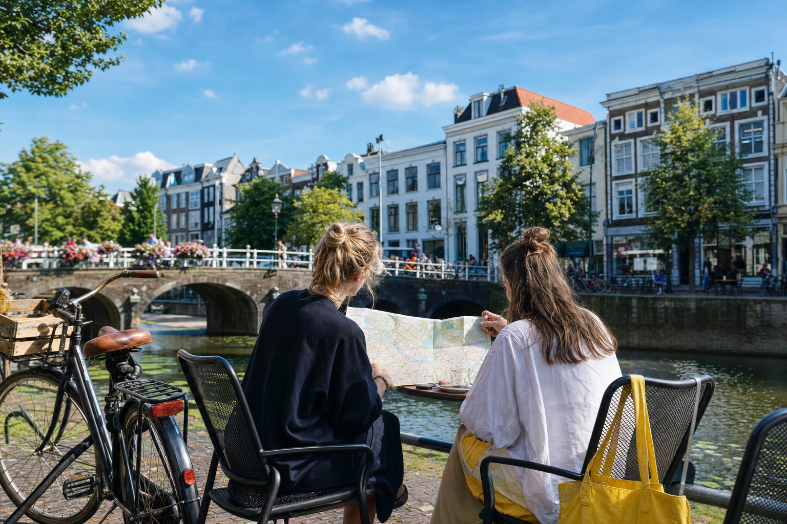 Twee reizigers met een kaart aan een gracht in een Nederlandse stad