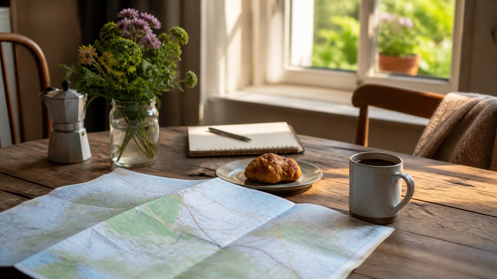 Rustige ontbijttafel met kaart, koffie en ruimte voor spontane plannen